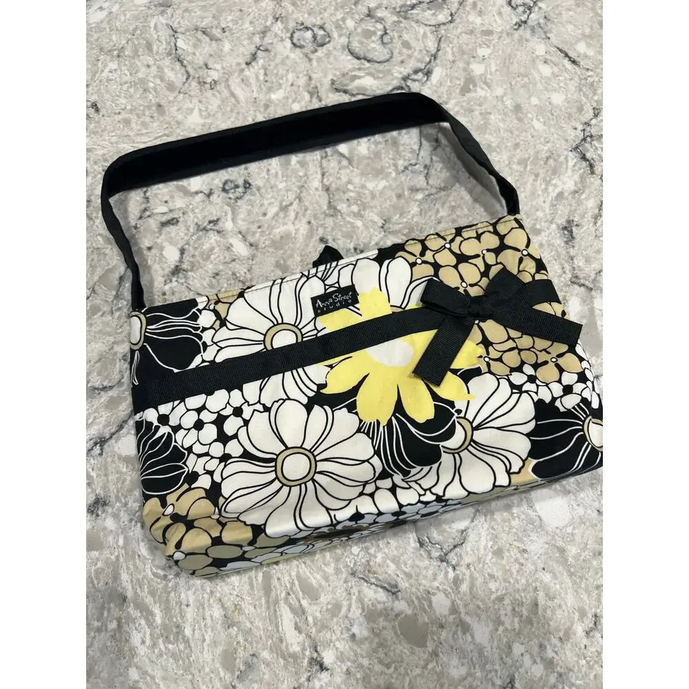 Reversible Anna Street Handbag Fabric Black White Yellow Plaid and Floral JL